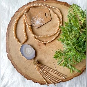 Quartz Agate Slice Gold Tassel \ Statement Necklace Champagne Bead JM Collection